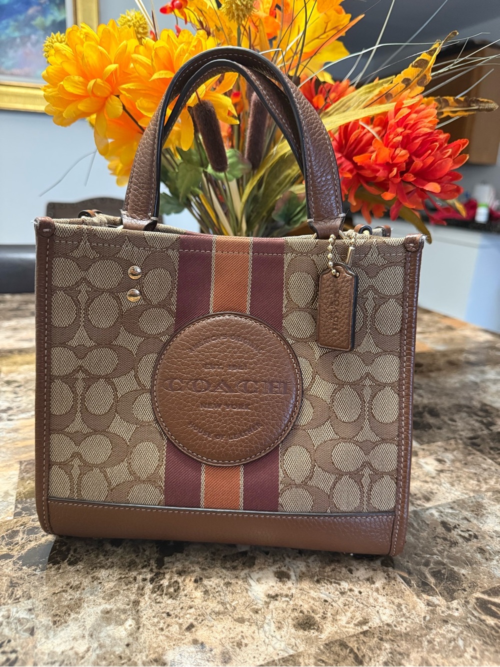 COACH Brown Signature Satchel with Red and Tan Stripe Detail